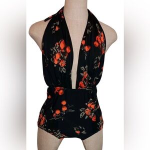 COCOSHIP Black Dress with Orange cherry Pattern size M